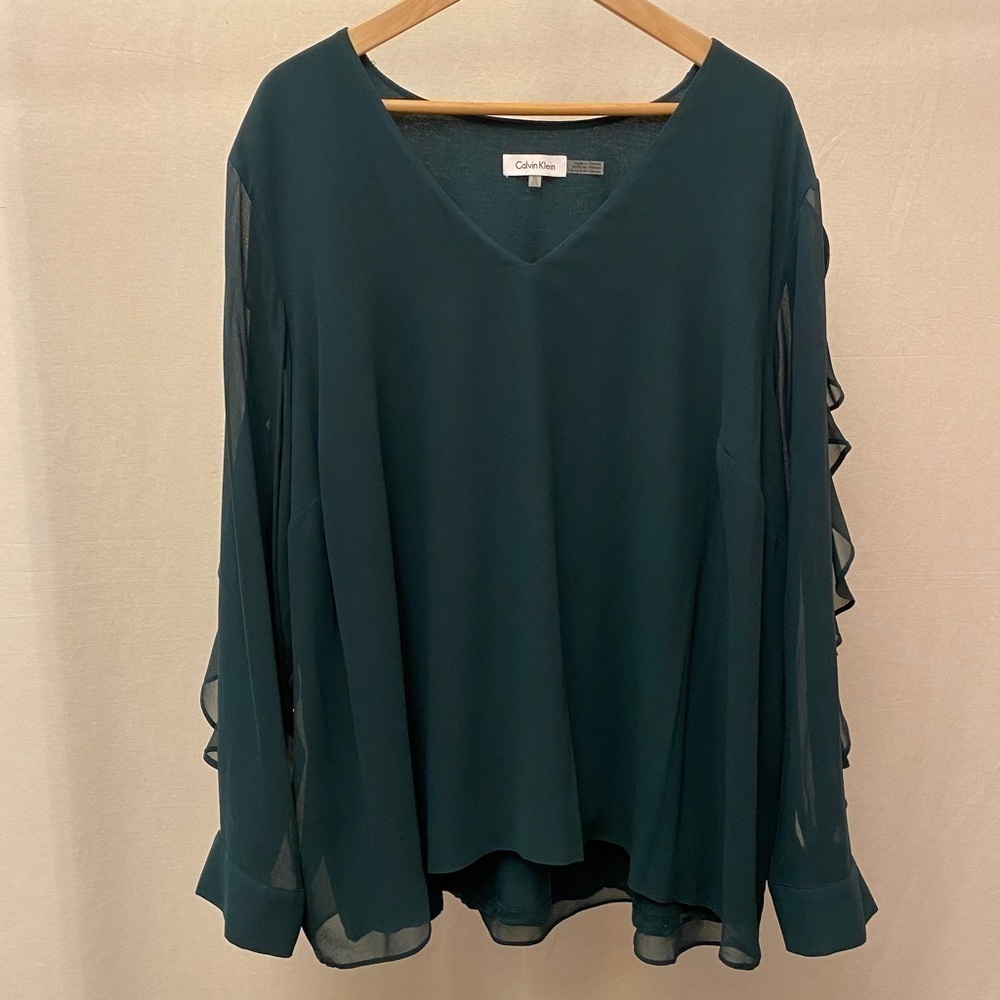 Calvin Klein 3X Top Semi Sheer Dark Green V Neck Flowy Ruffles Long Sleeve - Picture 9 of 11